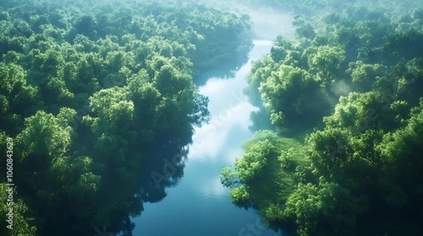 Fototapeta High-angle shot of a winding river through a lush forest, dense green foliage bordering both sides, sunlight creating soft highlights on the water, reflections of blue sky above,