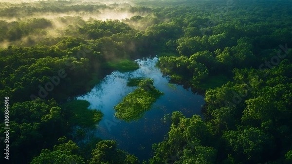 Fototapeta High-angle view of forest with wetland pockets, water pools reflecting light amidst dense green trees, vibrant foliage and textured soil visible, sunlight streaming softly, fog over certain areas,