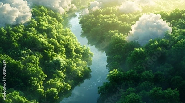 Fototapeta Overhead shot of a lush green forest with a river winding through it, reflections of clouds on the water, sunlight casting warm highlights on foliage, vibrant and natural atmosphere,