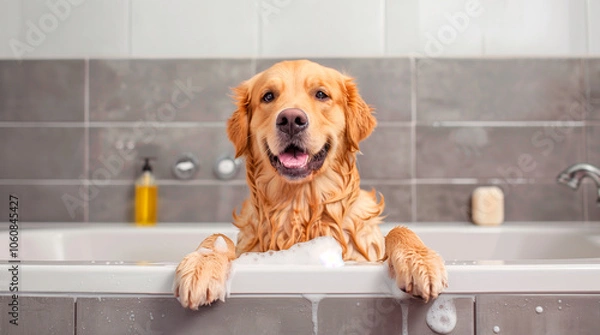Fototapeta Golden Retriever dog getting a bath in a bathtub, covered with soap suds and white towel. Gray tile background and bath accessories included.