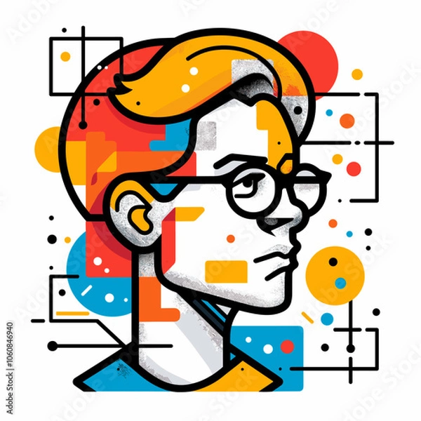 Fototapeta Man with glasses and a beard is drawn in a colorful style. The image is abstract and has a modern feel to it