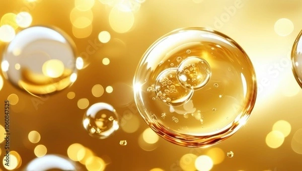 Fototapeta Bubbles, golden liquid, champagne, macro photography, shimmering, effervescent, high-contrast, luxurious, sparkling, reflective surfaces, warm tones, close-up, celebratory, elegant, glossy, transparen