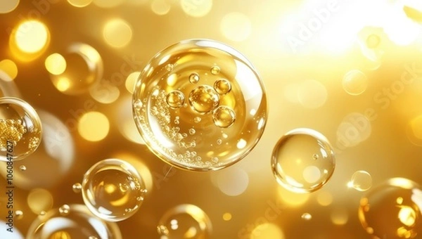 Fototapeta Bubbles, golden liquid, champagne, macro photography, shimmering, effervescent, high-contrast, luxurious, sparkling, reflective surfaces, warm tones, close-up, celebratory, elegant, glossy, transparen
