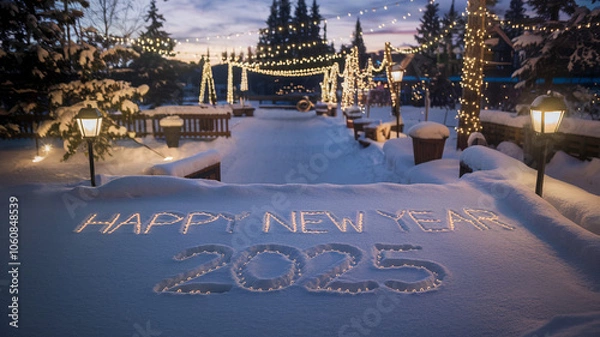 Fototapeta Snowy outdoor scene with "Happy New Year 2025" written in the snow, surrounded by sparkling lights under a soft twilight sky. Ideal for festive and seasonal designs.