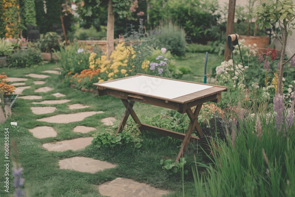 Obraz Blank White Poster on Wooden Table in a Lush Garden Setting. A blank white vertical poster stands on a wooden table in an outdoor garden scene surrounded by greenery and flowers.