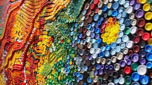 Fototapeta A large mural made entirely out of recycled bottle caps highlighting the beauty of repurposing seemingly small items.