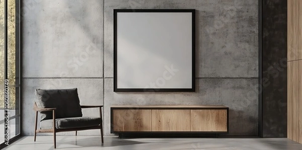 Fototapeta 3D rendering of a mockup empty black frame TV on a concrete wall with a wood cabinet and armchair in a modern living room interior design, in the style of Scandinavian minimalism. Generative ai 