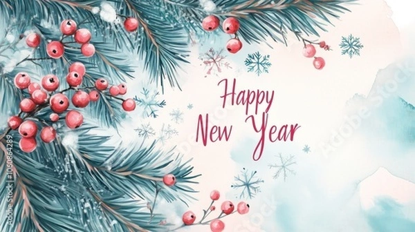 Fototapeta A watercolor illustration with the words Happy New Year in red script. It depicts pine branches with red berries and snowflakes on a light blue and white background.