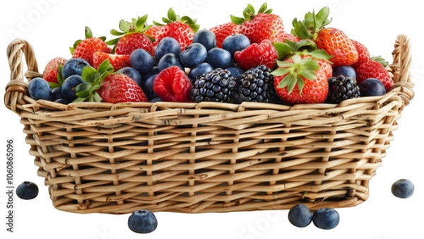Fototapeta Fresh Mixed Berries in Wicker Basket: Strawberries, Blueberries, Blackberries, and Raspberries