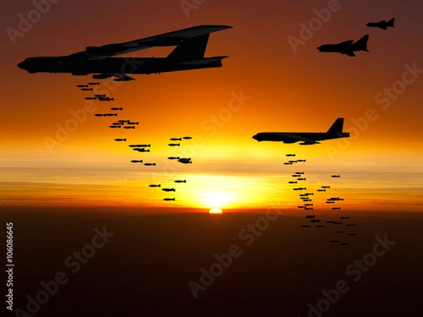 Fototapeta Bombowce z epoki wojny w Wietnamie upuszczają bomby z samolotem Jet Fighter Escorting ich o zachodzie słońca. (Wrażenie artysty)