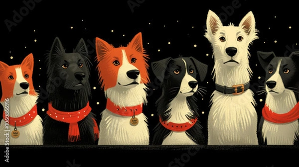 Obraz A group of dogs of different breeds looking into the distance, against a starry sky.