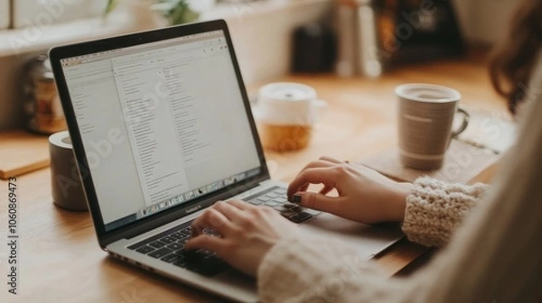 Fototapeta A woman's hands are seen typing on a laptop keyboard. The laptop is open and the screen is showing a document with white text. mockup, blank space