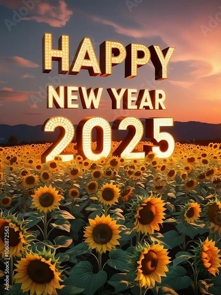 Obraz A vibrant scene featuring sunflowers with the text "Happy New Year 2025" glowing against a sunset backdrop.