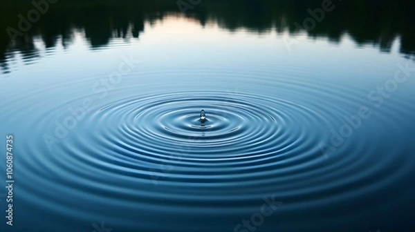 Fototapeta A single water drop creating perfect circular ripples on a lake
