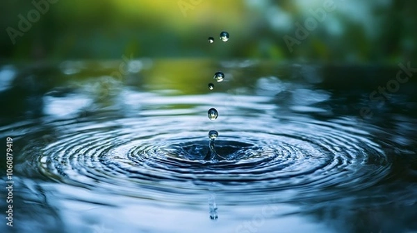 Fototapeta Water drops landing in a puddle creating a ripple effect