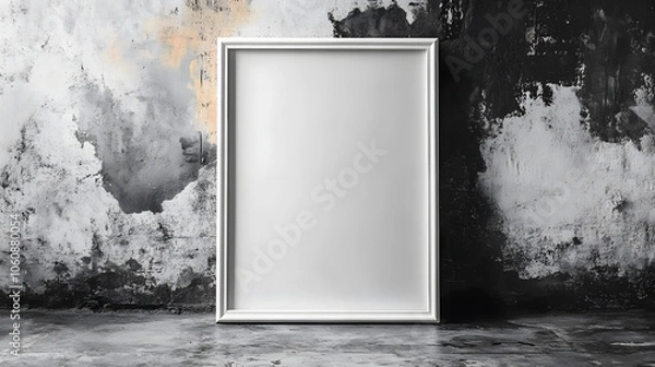 Fototapeta Minimalist Blank White Frame Against a Distressed Industrial Wall with Abstract Texture and Grunge Aesthetic in Monochrome Tones