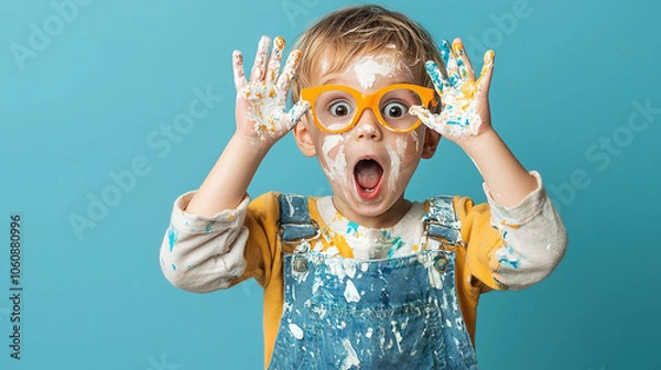 Fototapeta Excited child with paint-covered hands and face, wearing orange glasses and denim overalls against a blue background.