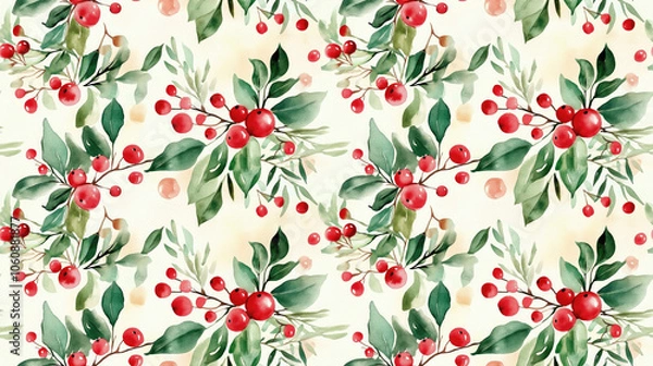 Obraz Seamless watercolor pattern of delicate Christmas plants in soft hues perfect for designing postcards invitations and greeting cards