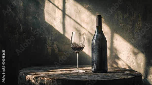 Fototapeta A glass of red wine and a bottle sit on a rustic wooden table, bathed in warm sunlight.