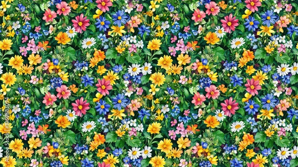 Fototapeta Floral wildflower watercolor seamless pattern featuring vibrant blooms and lush greenery ideal for fabric design and home decor