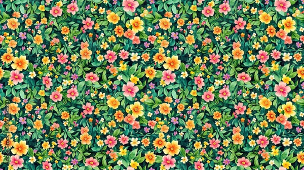 Fototapeta Seamless watercolor floral pattern featuring vibrant flowers and lush leaves ideal for fabric wallpaper and gift wrapping