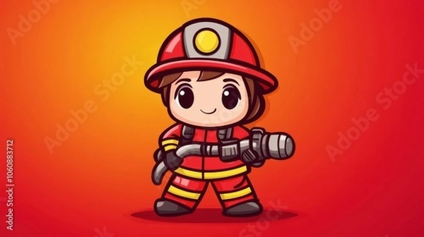 Fototapeta Cute cartoon firefighter holding a hose against a vibrant orange background, AI