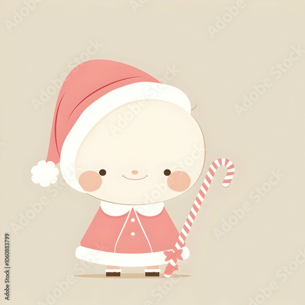 Obraz A cute, cartoon-style character dressed as Santa, holding a candy cane, evoking holiday cheer.