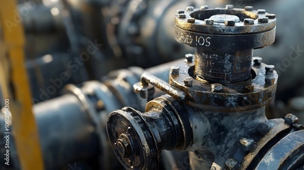 Fototapeta Close-up of a weathered refinery valve, showcasing intricate details and a rustic, industrial aesthetic.  Sunlight glints off its aged surface.