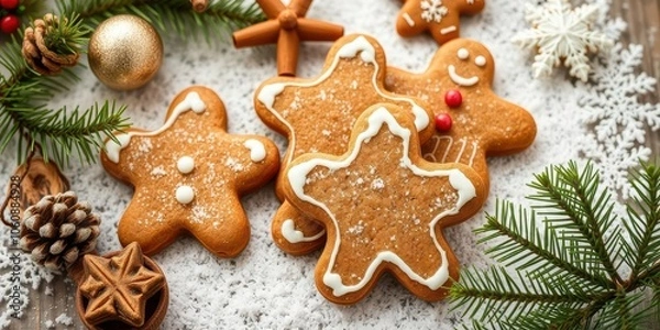 Obraz Close up of freshly baked Christmas gingerbread cookies on a cooling rack surrounded by festive decorations, traditional, cinnamon, celebration