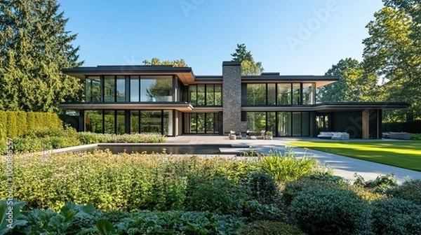 Fototapeta A contemporary luxury home set against a backdrop of a summer garden, with pristine landscaping and sunlight enhancing the natural beauty