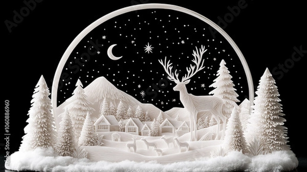 Obraz Elegant paper-cut diorama of a winter landscape with a majestic deer, snow-covered trees, a village, and mountains beneath a crescent moon and starry night sky. Holiday tranquility and  nature.