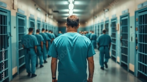 Obraz A group of inmates in blue uniforms walk down a prison corridor, viewed from behind.  The image suggests confinement, uniformity, and the stark reality of incarceration.