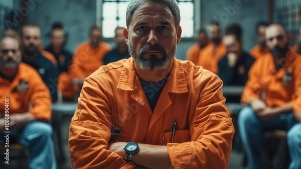Obraz A group of inmates in orange jumpsuits sit in a prison cell, with one man looking directly at the camera.