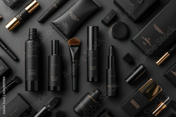 Fototapeta Elegant black cosmetic containers arranged in a flat lay, showcasing luxury beauty products in minimalistic design.