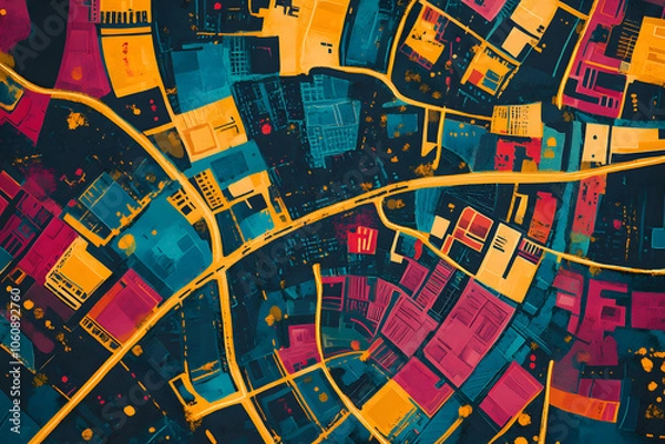 Fototapeta A colorful abstract aerial view of a city with winding roads and a vibrant palette of colors.
