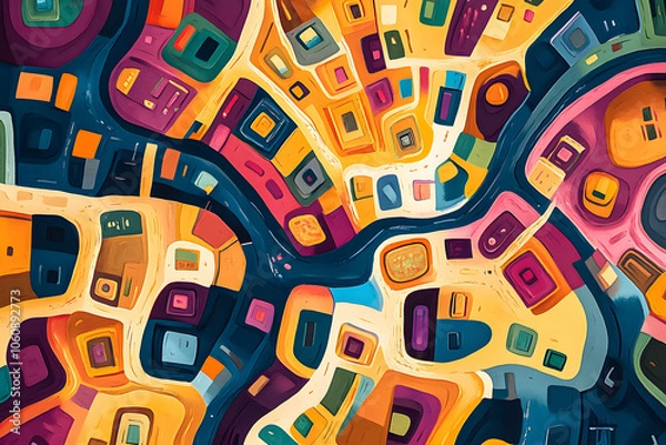 Fototapeta Abstract colorful digital art with squares and shapes in shades of blue, red, green, yellow, and purple.