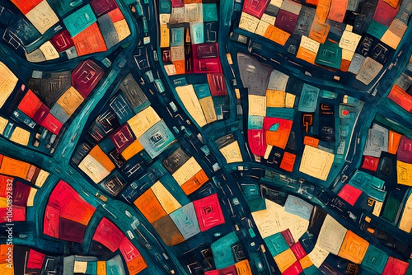 Fototapeta A vibrant and abstract depiction of a city skyline, with colorful squares and rectangles forming the buildings and streets.