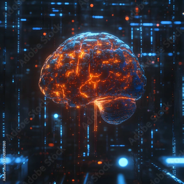 Fototapeta A glowing digital brain, representing artificial intelligence and the future of technology.