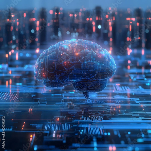 Fototapeta A digital brain glows with red and blue lights against a city backdrop, symbolizing artificial intelligence and technological advancement.