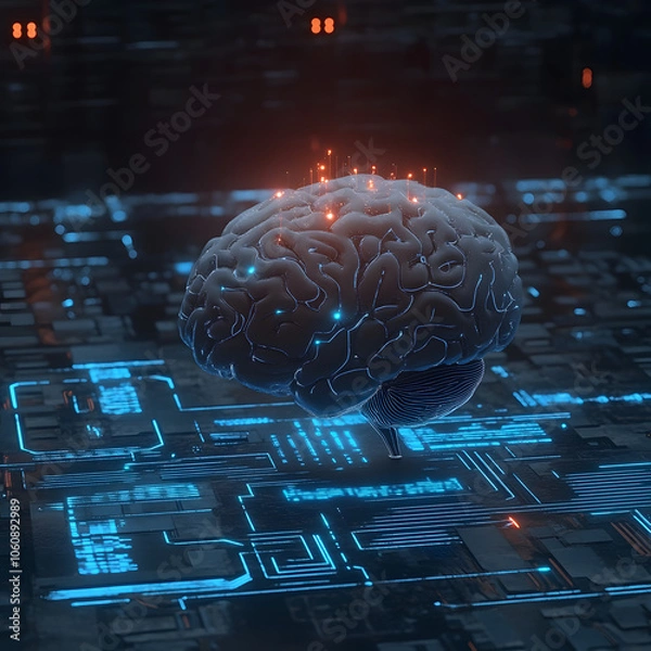Fototapeta A digital brain with glowing lines and circuitry, representing the concept of artificial intelligence and neural networks.