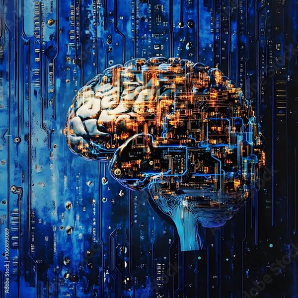 Fototapeta A digital rendering of a brain against a circuit board, representing the concept of artificial intelligence.