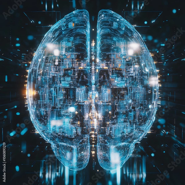 Fototapeta A digital rendering of a human brain, constructed from glowing blue circuitry, against a dark background.