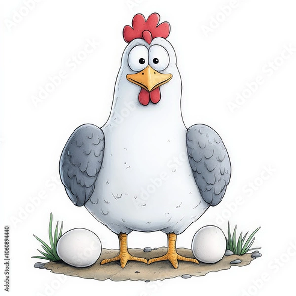 Obraz Happy Cartoon Hen Laying Eggs in 2D Illustration