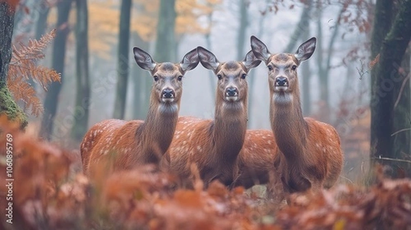 Fototapeta The peaceful stillness of an autumn forest is broken by a small group of red deer hinds, standing among the trees and looking intently into the camera, with morning fog in the background