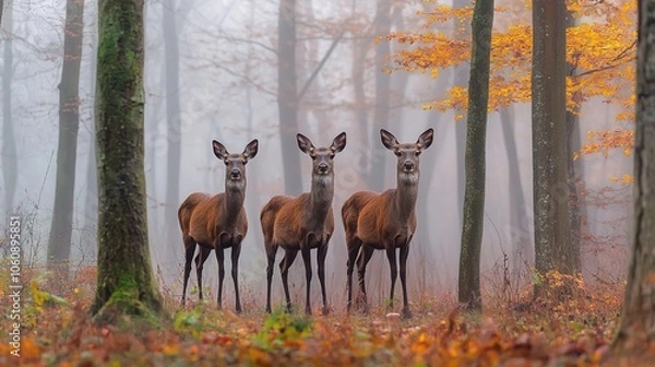 Fototapeta The peaceful stillness of an autumn forest is broken by a small group of red deer hinds, standing among the trees and looking intently into the camera, with morning fog in the background