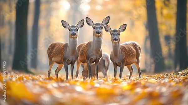 Fototapeta In a quiet autumn forest, red deer hinds gather on a carpet of fallen leaves, soft morning light illuminating their fur as they curiously face the camera