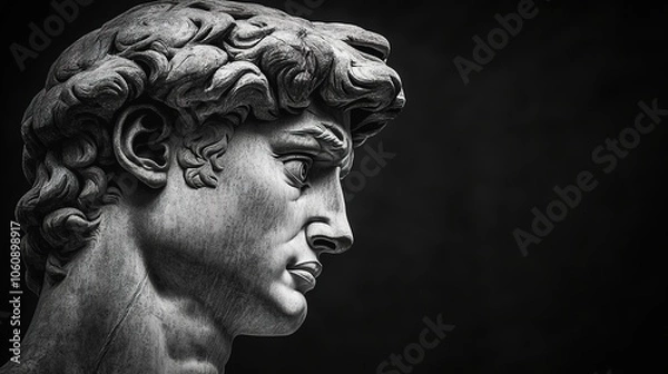 Fototapeta Gypsum statue of David's head, a close-up of Michelangelo's iconic masterpiece with intricate details of the facial features, set against a black background