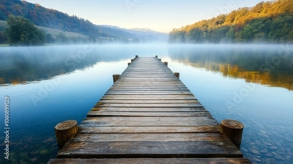 Fototapeta Wooden dock extending into a tranquil lake with a misty background.