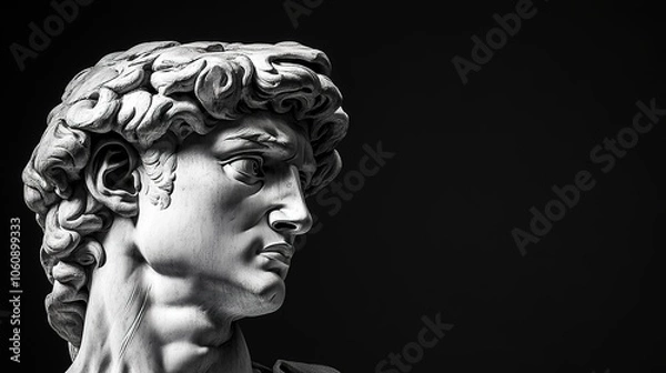 Fototapeta Gypsum statue of David's head, a close-up of Michelangelo's iconic masterpiece with intricate details of the facial features, set against a black background
