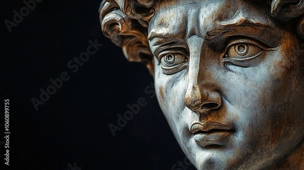 Fototapeta Gypsum statue of David's head, a close-up of Michelangelo's iconic masterpiece with intricate details of the facial features, set against a black background